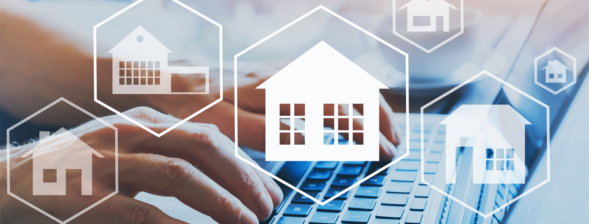 Hands on a keyboard with an overlay of housing icons